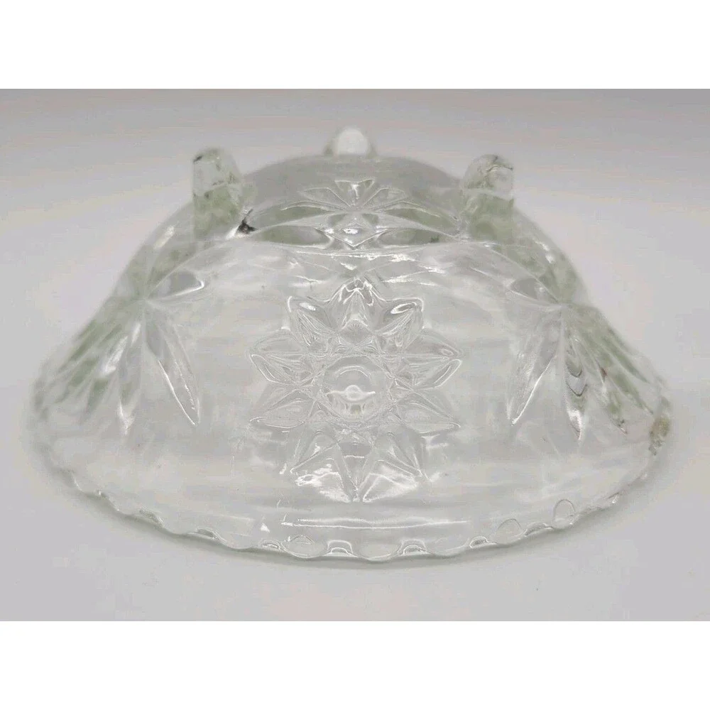Vintage Tripod Crystal Clear Pressed Glass Bowl With Scalloped Edge And Star